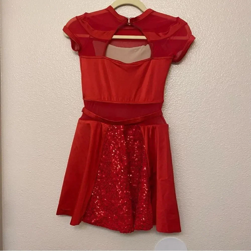 WEISSMAN Dance Costume red sequin mesh dress PLAY THAT SAX 11075 -Adult SA